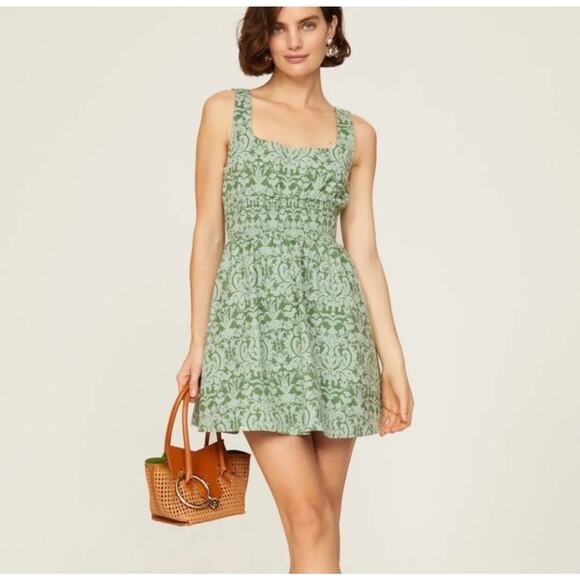 HILL HOUSE Cher Mini Dress Green Floral Jacquard Cutout Back Preppy Small N17 - Picture 1 of 10